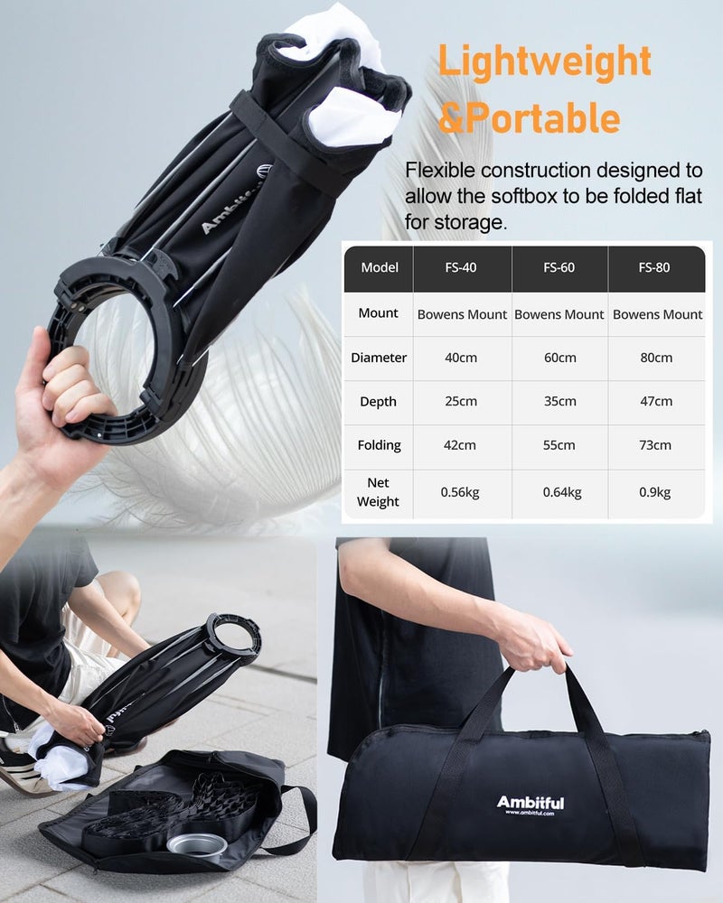 AMBITFUL 60cm/ 24inch Softbox Bowens Mount, Quick Release Octagonal Softbox with Diffusers/Honeycomb Grid/Bag, Photography softbox Compatible with Godox Aputure Video Studio Light (FS60) - Image 5